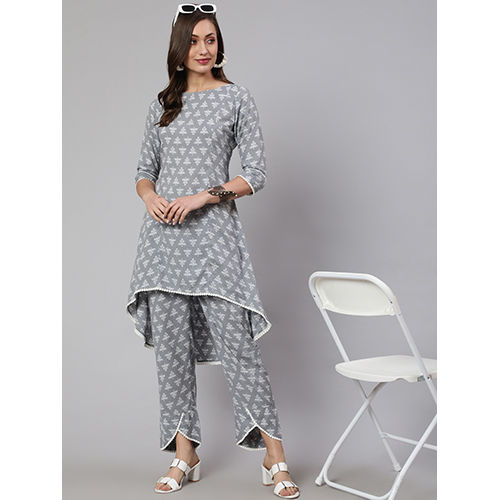 Grey Woven Asymmetric Hemline Printed Kurta With Pants