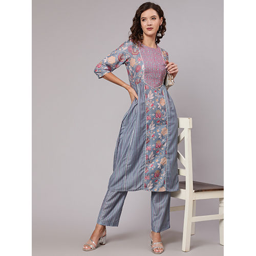 A Grey Printed Muslin Kurta With Yoke And Grey Printed Muslin Pants