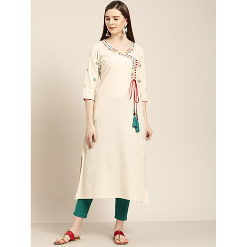 Off White Embroidered A Line Kurta With Solid Pant