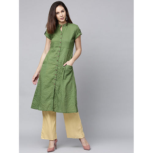 Olive And Beige Solid A-Line Cotton Kurta With Palazzo