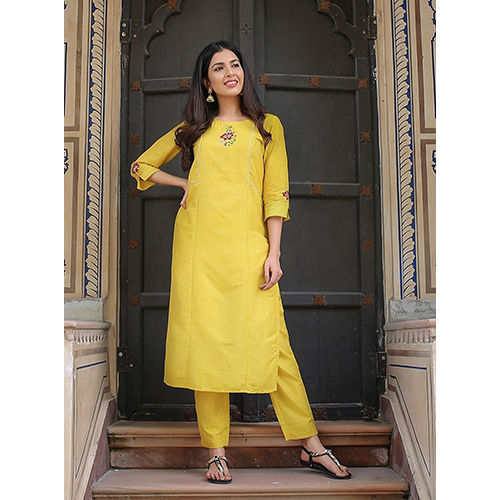 Yellow Yoke Design Handloom Straight Kurta With Trousers