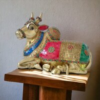Brass Made Nandi Sitting Statue Unique Religious Metal Craft And Gift Item Stone Finish Nandi Statue - Color: Multi Color