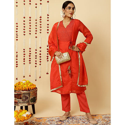 Red A-line Silk Kantha Work Kurta With Pants And Dupatta