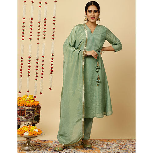 Sea Green A-line Silk Kantha Work Kurta With Pants And Dupatta