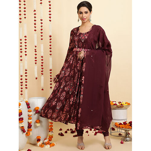 Wine Ethnic Printed Zardozi Anarkali With Churidar And Dupatta - Bust Size: Medium