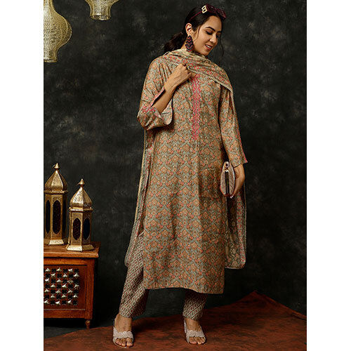 Grey Foil Printed Kurta With Pants And Dupatta