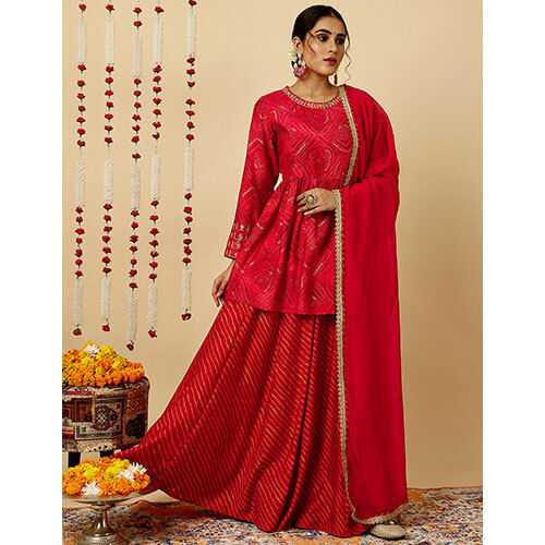 Fuchsia EmbroideFuchsia Bandhani GatheFuchsia Kurta With Leheriya Skirt And Dupatta