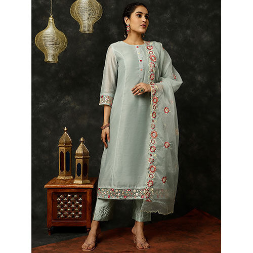 Blue Embroidered Art Silk Chanderi A-Line Kurta With Pants And Dupatta