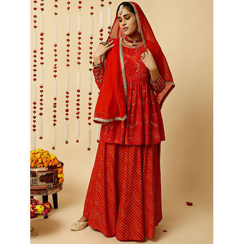 Red Embroidered Bandhani Gathered Kurta With Leheriya Skirt And Dupatta