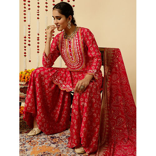 Pink Bandhani Mirror Work Kurta With Sharara And Dupatta