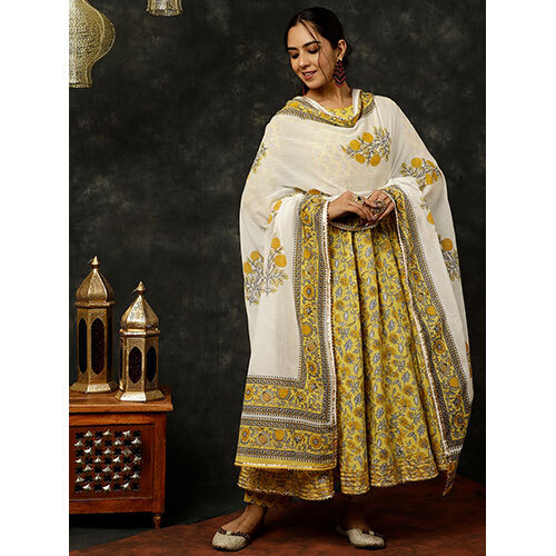 Yellow Ethnic Print Anarkali Kurta With Pants And Dupatta