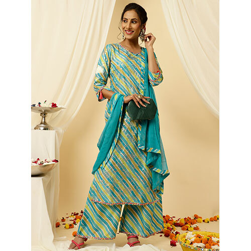 Turquoise Blue Leheriya Straight Kurta With Palazzo And Dupatta