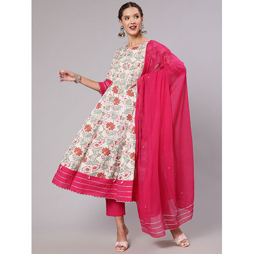 Women Pink Cotton Ethnic Motifs Printed Anarkali Kurta with Pant & Dupatta
