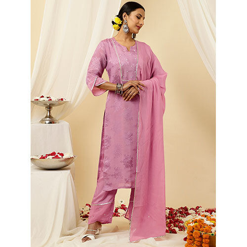 Embellished Lavender Pure Jacquard Silk Straight Kurta With Pants And Organza Dupatta