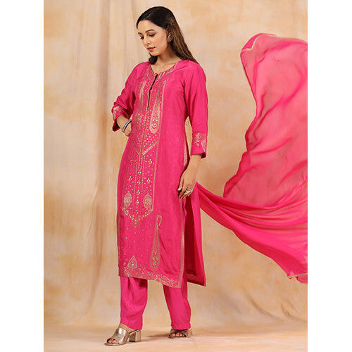 Zardozi Embroidered Silk Hot Pink Straight Kurta With Palazzo And Dupatta