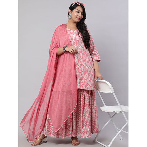 Plus Size Pink Ethnic Printed Kurti With Sharara And Chiffon Dupatta