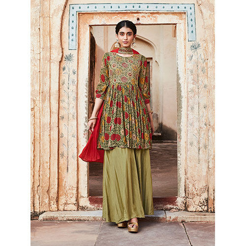 Green Floral Printed Short Kurta With Sharara And Pleated Dupatta