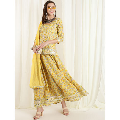 Yellow Floral Print Short Kurta With Skirt And Dupatta