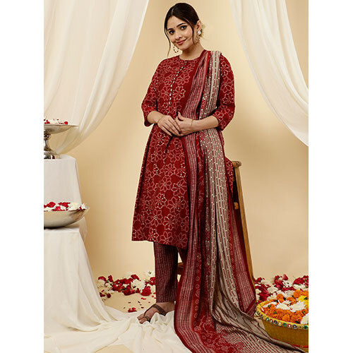 Red Bandhani Flared Print Kurta With Pants And Dupatta