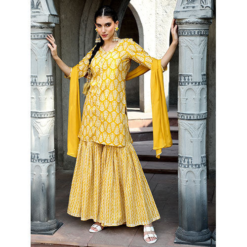 Yellow Ethnic Printed Straight Kurta With Sharara And Chiffon Dupatta