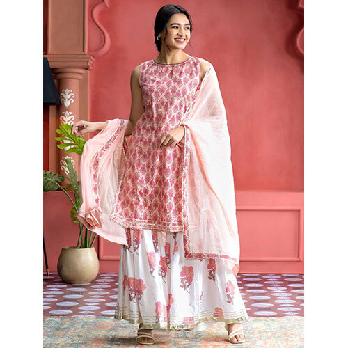 Peach Ethnic Floral Printed Straight Kurta With White Printed Sharara And Dupatta