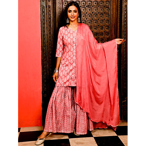 Pink Ethnic Printed Straight Kurta With Sharara And Chiffon Dupatta