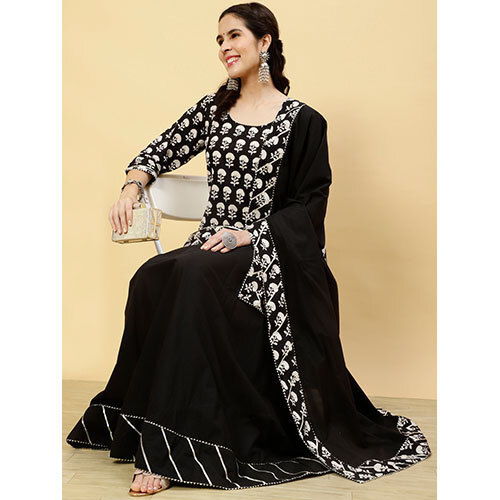 Ethnic Printed Black Short Kurti With Skirt And Dupatta