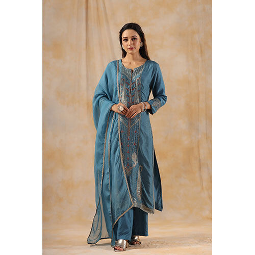 Zardozi Embroidered Silk Teal Blue Straight Kurta With Palazzo And Dupatta