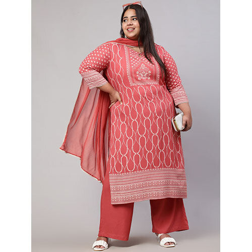 Plus Size Dusty Peach Placement Printed Straight Kurta With Solid Palazzo And Chinon Dupatta