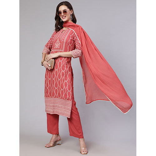 Dusty Peach Placement Printed Straight Kurta With Solid Palazzo And Chinon Dupatta