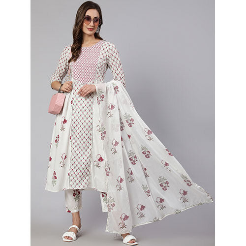 White & Magenta Ethnic Printed Flared Kurta With Pants & Dupatta