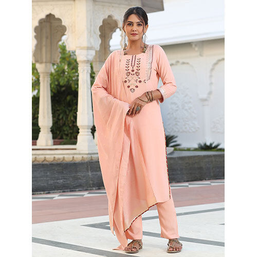 Embroidered Peach Kurta With Pants And Chanderi Dupatta