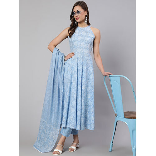 Women Blue Printed Halter Neck Fit & Flared Kurta With Printed Pant & Dupatta With Lace Taping