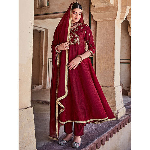 Maroon Silk Dobby Embroidered Anarkali Long Kurta With Silk Blend Trousers And Organza Embroidered Dupatta.