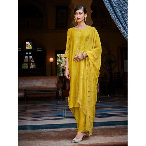 Mustard Straight Solid Embroidered Silk Kurta With Palazzo And Organza Dupatta