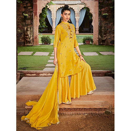 Yellow Solid Zardozi Embroidered Kurta With Sharara & Dupatta