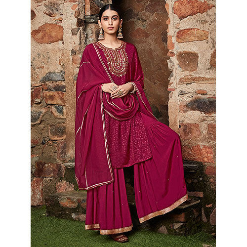 Maroon Straight Embroidered Silk Kurta With Sharara And Organza Dupatta