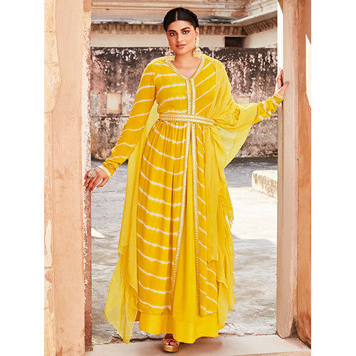 Yellow Leheriya Embroidered Flared Jacket With Belt And Solid Skirt With Frilled Dupatta