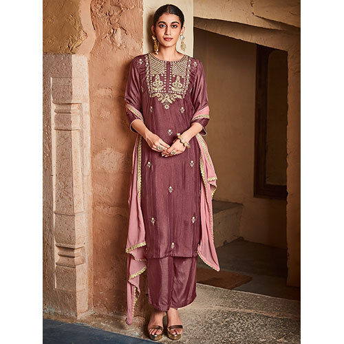 Wine Straight Zardozi Embroidered Kurta With Palazzo And Chinon Embroidered Dupatta