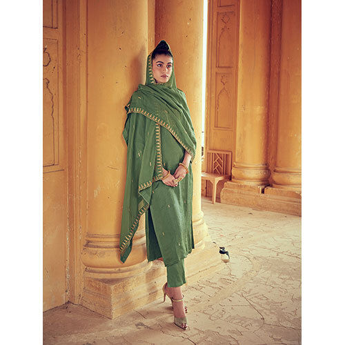 Olive Green Straight Zardozi Work Kurta With Pants & Dupatta