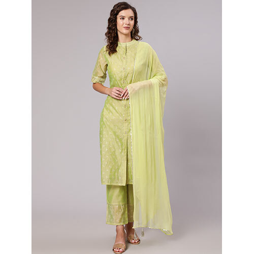 Women Embossed Gold Print Embellished Gota Chanderi Kurta With Palazzo And Dupatta