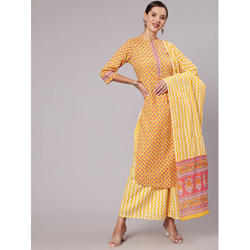 Yellow Straight Ethnic Printed Gota Embellished Kurta With Printed Palazzo And Dupatta