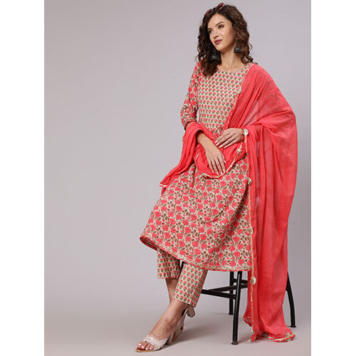 A Peach Printed Cotton Embellished Anarkali Suit With Pants And Crushed Cotton Dupatta