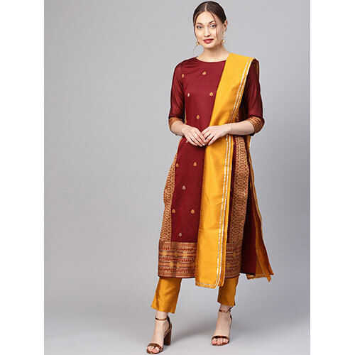 Women Maroon & Mustard Yellow Woven Design Kurta With Trousers & Dupatta