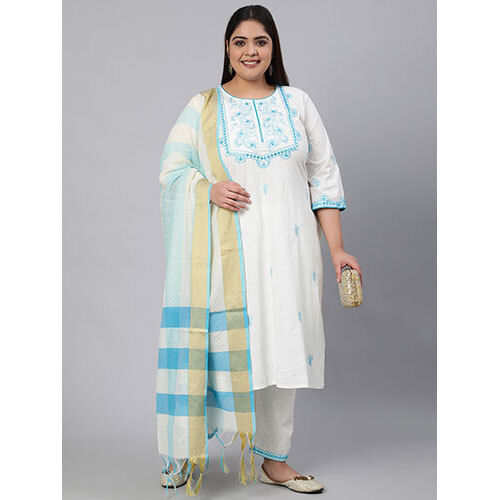 Women White Printed & Embroidered Cotton Kurta Set With Dupatta