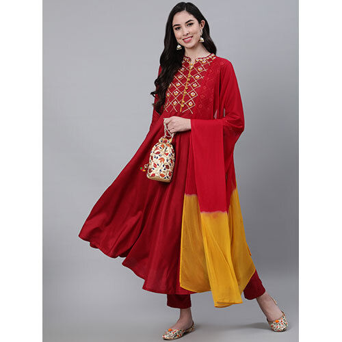 Women Maroon Embroidered Flared Kurta With Palazzo And Chiffon Dupatta