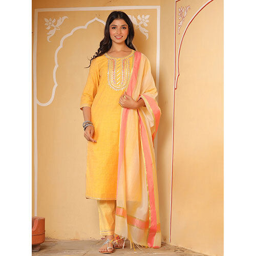 Women Chanderi Yellow Kurta With Pants And Chanderi Dupatta