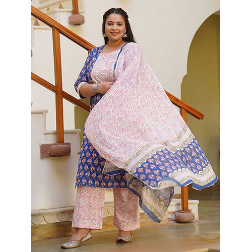 A Women Blue Printed Cotton Pin Tucks Straight Kurta With Palazzo & Dupatta Set