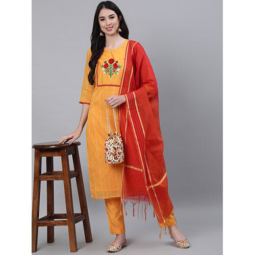 Women Sequence Stripe Yellow Kurta With Pants And Chanderi Dupatta