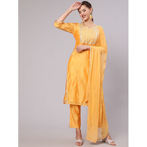 Women Orange Chanderi Embroidered Kurta With Trousers And Chiffon Dupatta